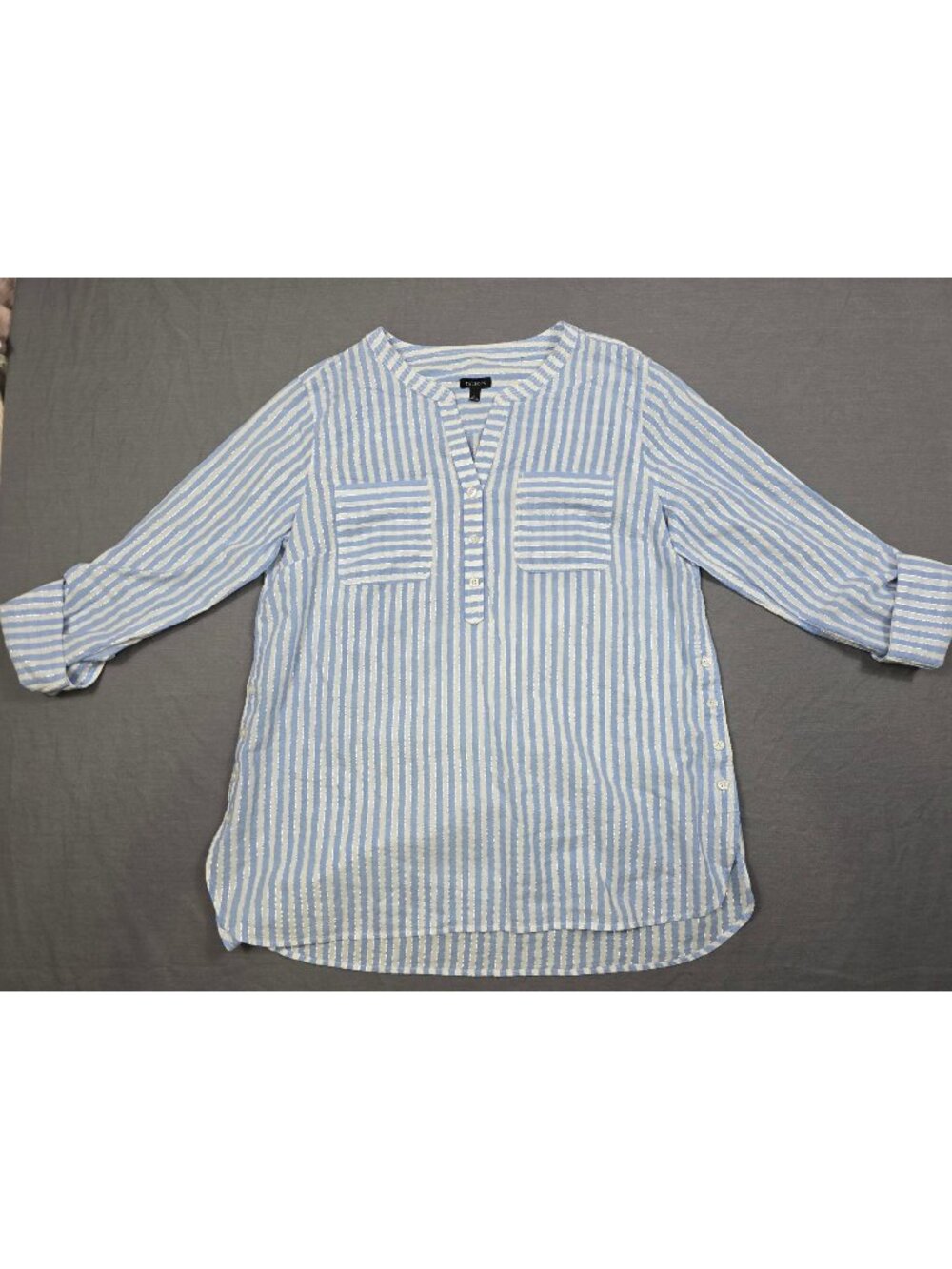 Talbots Womens Striped Metallic Cotton Blouse L Blue/White Silver